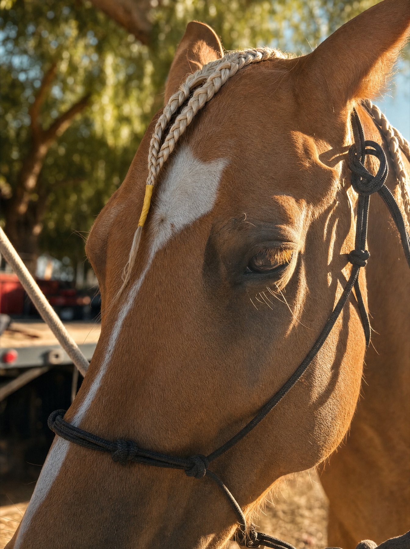 Close-up of one of our horses with a braided forelock in warm evening light