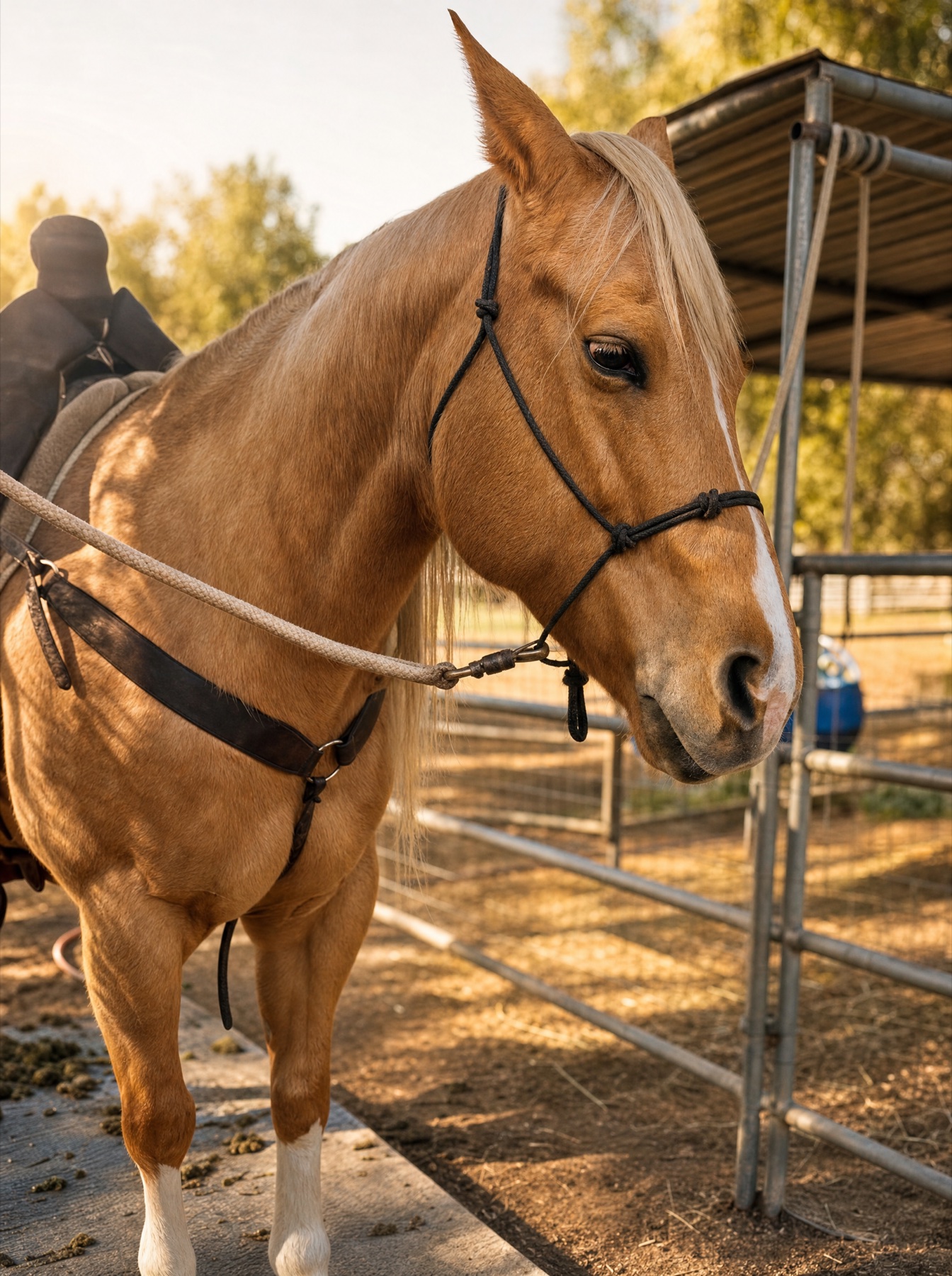 One of our palomino horses standing calm in the golden evening light